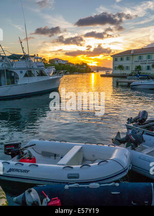 Sunset over waterfront and harbor of Cruz Bay on the Caribbean Island of St John in the US Virgin Islands Stock Photo