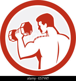 Illustration of a man lifting dumbbell weight training fitness set inside circle on isolated white background done in retro style. Stock Photo