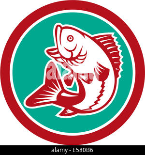 Illustration of a largemouth bass fish jumping inside circle shape on isolated background done in retro style. Stock Photo