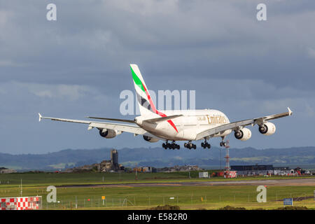 Emirates Airbus A380 airplane landing at Auckland airport,AKL,Auckland,North Island,New Zealand, AOTEAROA, Oceania Stock Photo