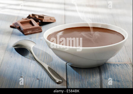 cup of hot melted chocolate with spoon and chocolate blocks on wooden table with sunlight Stock Photo