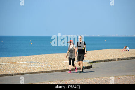 Brighton, Sussex, UK. 23rd July, 2014. A couple enjoy an early morning walk along Brighton seafront as the hot summer weather was set to continue throughout Britain today  Credit:  Simon Dack/Alamy Live News Stock Photo