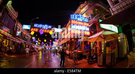 Night scene of Pub Street, Siem Reap, Cambodia. Stock Photo