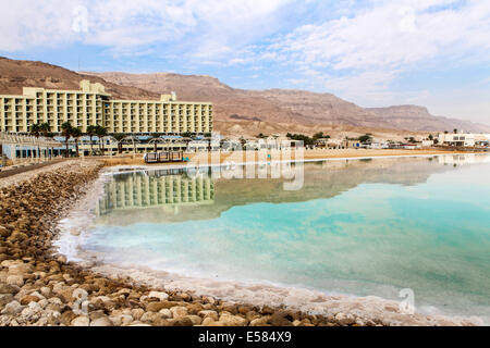 A tourist beach on the shore of the Dead Sea, Israel Stock Photo