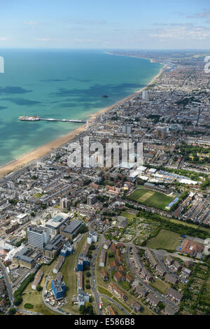 An aerial view of Brighton looking West towards the Palace Pier and along the coast. Stock Photo