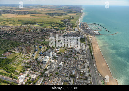 An aerial view looking East along the East Sussex coast from Central Brighton, showing the marina and Saltdean in the distance. Stock Photo