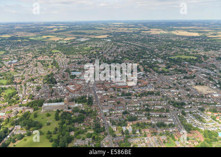 An aerial view of St Albans from the south with the Cathedral and surrounding countryside visible Stock Photo