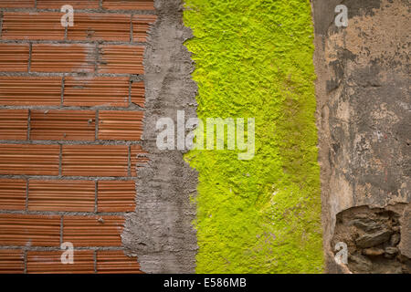 Abstract / detailed close shot of a wall featuring red bricks, concrete/cement, and vivid lime green paint! Stock Photo