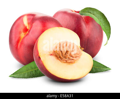 Three ripe nectarine fruits with slices isolated on white background Stock Photo