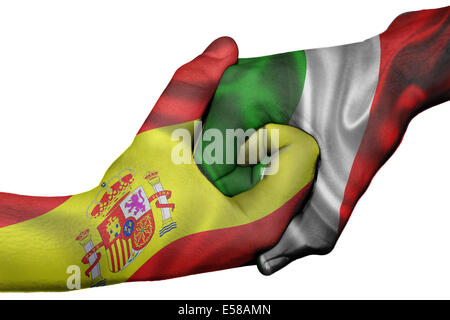 Diplomatic handshake between countries: flags of Spain and Italy overprinted the two hands Stock Photo