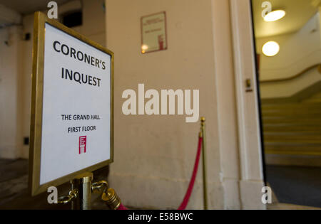 United Kingdom, KENT : A Coroner's Inquest sign is pictured outside Gravesend Old Town Hall, Kent. Stock Photo