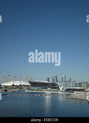 View towards the London with Thames Cable Car, O2 Arena and Canary Wharf in the distance, Greenwich, London Stock Photo