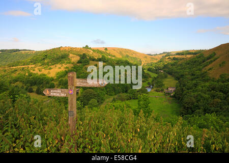 Wooden fingerpost at Monsal Head looking in to Upperdale, Derbyshire, Peak District National Park, England, UK. Stock Photo