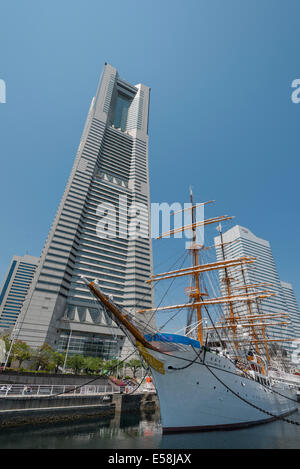 The Nippon Maru Sail Training Ship and Landmark Tower, Yokohama, Japan Stock Photo