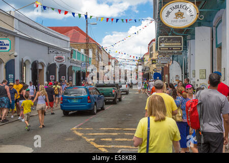 Crowded busy Dronningens Gade or Main Street in Charlotte Amalie on the Craibbean Island of St Thomas in the US Virgin Islands Stock Photo