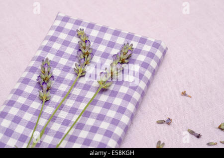 Close up of flowers from lavender on a violet squared cloth Stock Photo
