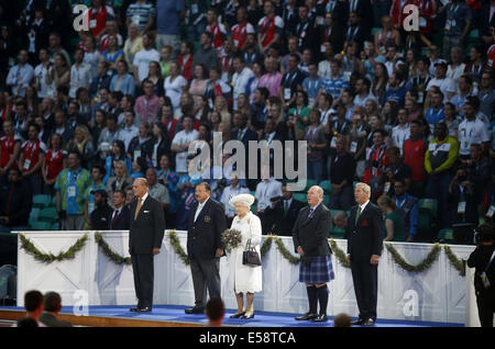 Glasgow, Scotland, UK. 23rd July, 2014. Britain's Queen Elizabeth II attends the opening ceremony of the opening ceremony of the XX Commonwealth Games at the Celtic Park in Glasgow July 23, 2014. Credit:  Wang Lili/Xinhua/Alamy Live News Stock Photo