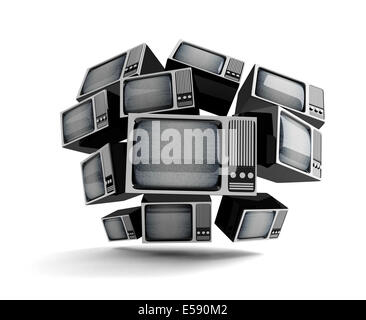 Retro TV in front with static on white background Stock Photo - Alamy