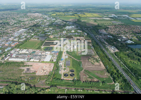 An aerial view of a sewage works on the Northern outskirts of Cambridge, UK