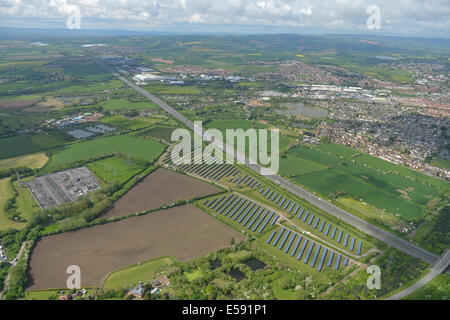 A wide view of parts of Bridgwater, Somerset. Showing the M5 motorway and the Quantock Hills in the distance. Stock Photo