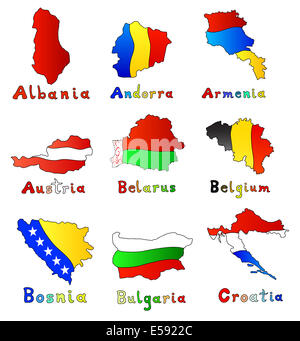 set of Europe maps with color flag illustration in colors. Stock Photo