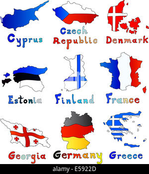 set of Europe maps with color flag illustration in colors. Stock Photo