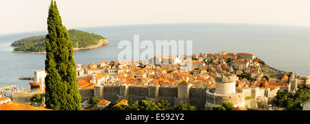 Panoramic view from the hill to Dubrovnik old town in the evening light Stock Photo