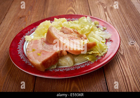 Bacon and cabbage -  dish traditionally associated with Ireland. back bacon boiled with cabbage and potatoes. Stock Photo