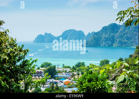 View of the island  Phi Phi Don  from the viewing point,  South of Thailand. Stock Photo