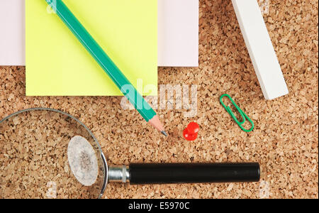 stationery in a mess on the table Stock Photo