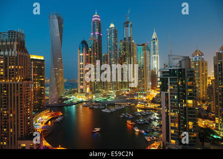 DUBAI, UAE - NOVEMBER 2: Dubai Marina at night from the top, on November 2, 2013, Dubai, UAE. In the city of artificial channel Stock Photo