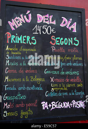 Spanish Food Menu on Board in Costa Brava, Catalonia, Spain Stock Photo