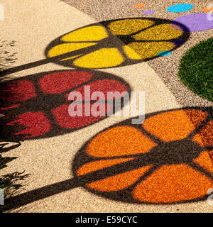 Tatton Park, Manchester, UK. 23rd July, 2014.  Circular Images. and Coloured shadows, coloured circles, spinning wheels, shadows of colour,  red, yellow orange patterns, round, vector, abstract, design, graphic, illustration, light, colours, bright, spectrum, element, art, colorful, icon, colour, color, palette, motion, pattern, blue, creative, fun spectrum on garden pathway at the RHS - Royal Horticultural Society  carnival-themed event at Tatton Park. Stock Photo