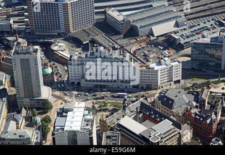 aerial view of Leeds City Station, Queens Hotel and City Square, UK Stock Photo