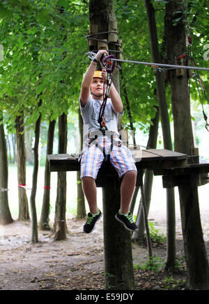 Young boy engaged in climbing on the tree. Stock Photo