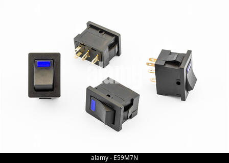 Blue Rocker Switches with Build-in LED. Stock Photo