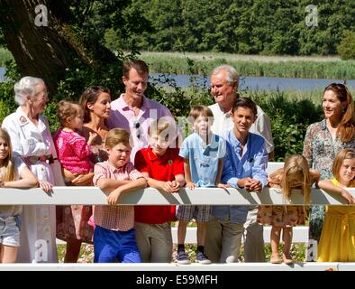 Members of the Danish Royal family, (L-R) Queen Margrehte, Princess Marie with Princess Athena, Prince Christian, Prince Joachim, Prince Felix, Prince Henrik, Prince Nikolei, Prince Henrik, Princess Josephine, Crown Princess Mary and Princess Isabella attend a photo session for the press at Grasten Palace, Denmark, 24 July 2014. RPE/Albert Nieboer/NETHERLANDS OUT/   - NO WIRE SERVICE - Stock Photo