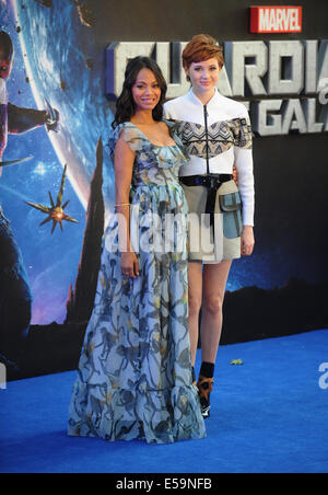 London, UK. 24th July, 2014. Zoe Saldana and Karen Gillan arrive at the European premiere of Marvel's 'Guardians Of The Galaxy' at Empire Leicester Square. Credit:  Ferdaus Shamim/ZUMA Wire/Alamy Live News Stock Photo