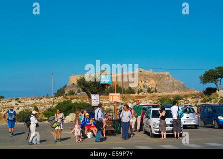 People waiting for a bus towards Rhodes town, Lindos town, Rhodes island, Dodecanese islands, Greece, Europe Stock Photo