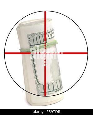 Closeup of hundred dollar bill isolated on white background with crosshairs symbolizing gunning for money
