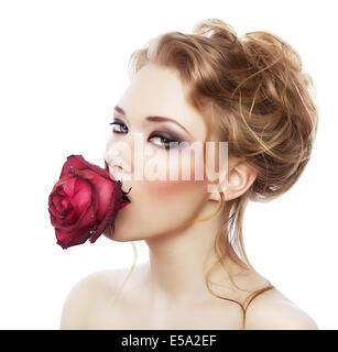 attractive girl with red rose on white background Stock Photo