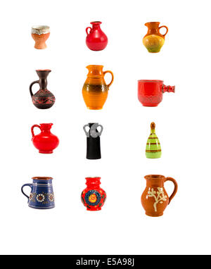 various beautiful ceramic jug and vase collection isolated on white Stock Photo
