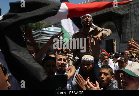 Damascus, Syria. 25th July, 2014. Syrian and Palestinian people gather at the Hamidiyah Market in the old city of Damascus, Syria, July 25, 2014, to commemorate the Jerusalem Day (Quds Day). The event was called for by Damascus-based Palestinian groups. Jerusalem Day was started by the late Ayatollah Khomeini, founder of the Islamic Iranian Republic, who called on the world's Muslims to show solidarity with Palestinians on the last Friday of the fasting month of Ramadan. Credit:  Bassem Tellawi/Xinhua/Alamy Live News Stock Photo