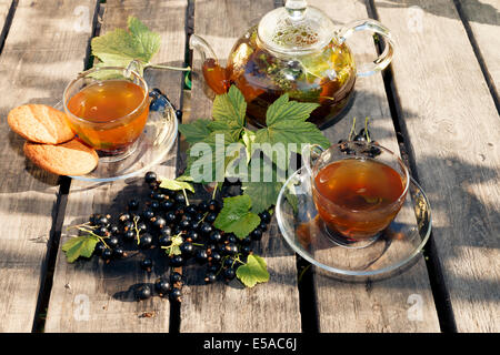 herbal tea with black currant leaves and berries teacups and teapot on wooden desks Stock Photo