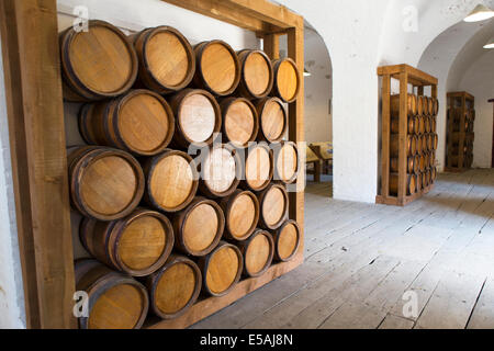 Gunpowder barrels stored in the gunpowder magazine, Tilbury Fort, Essex, England, UK.