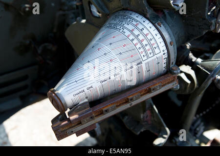 Probert range scale cone on a 25 pounder pound howitzer artillery gun on the parade ground at Tilbury Fort, Essex, England, UK. Stock Photo