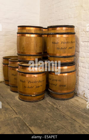 Gunpowder barrels stored in the gunpowder magazine, Tilbury Fort, Essex, England, UK. Stock Photo