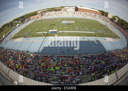 Des Moines, Iowa, USA. 23rd May, 2014. Hurdlers make their way down the track at the Iowa State Track Championships at Drake University in Des Moines, IA., Friday, May, 23rd, 2014. © Louis Brems/Quad-City Times/ZUMA Wire/Alamy Live News Stock Photo