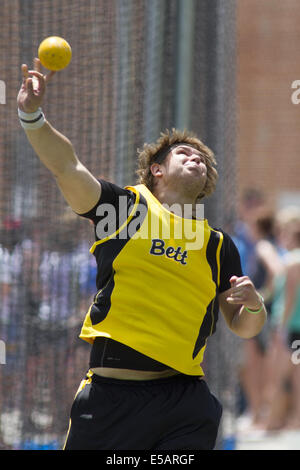 Des Moines, Iowa, USA. 23rd May, 2014. Bettendorf's Wade Webster, throws in the 4A Boys Shot Put good for 3rd place at the Iowa State Track Championships at Drake University in Des Moines, IA., Friday, May, 23rd, 2014. © Louis Brems/Quad-City Times/ZUMA Wire/Alamy Live News Stock Photo