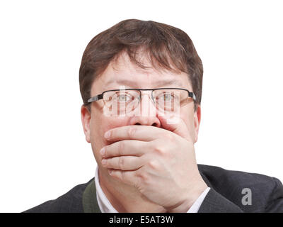 front view of businessman's hand closing mouth - hand gesture isolated on white background Stock Photo